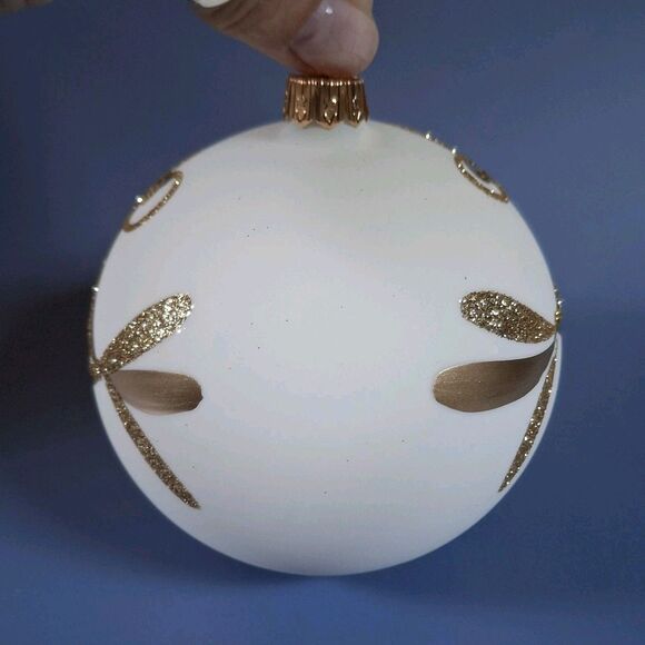 Vitbis Poland Hand Painted Decorated Round Glass Ornament Gold & White NIB NEW - Picture 3 of 3